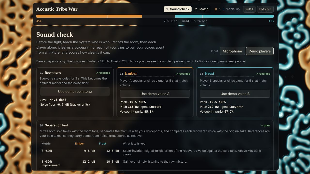Sound check: room tone, Ember and Frost enrollment cards with pitch and purity