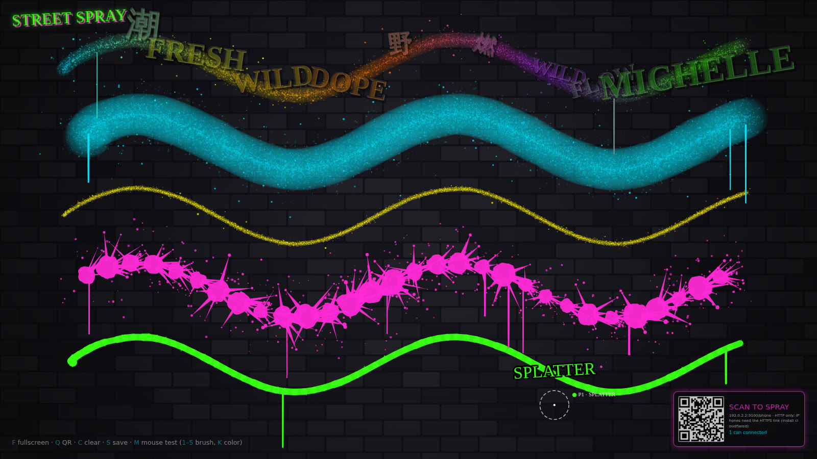 Five horizontal test strokes on the brick wall, top to bottom: Neon Tag with words, a wide cyan Fat Cap band, a thin yellow Skinny Cap line, pink Splatter blobs with drips, and a solid green Drip Marker line