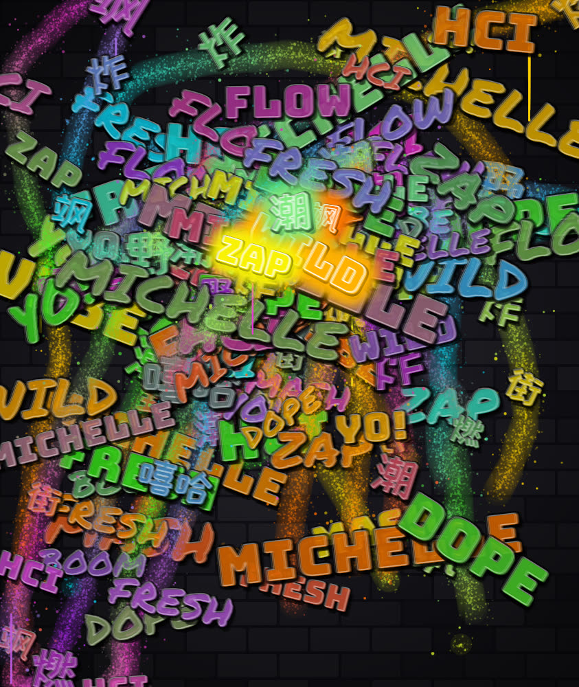Densely layered wall with neon strokes and overlapping FLOW, ZAP and MICHELLE