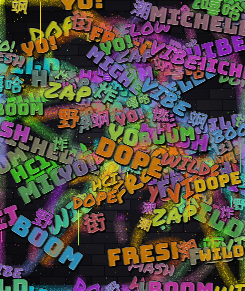 Nearly full wall with English and Chinese words interwoven with spray lines