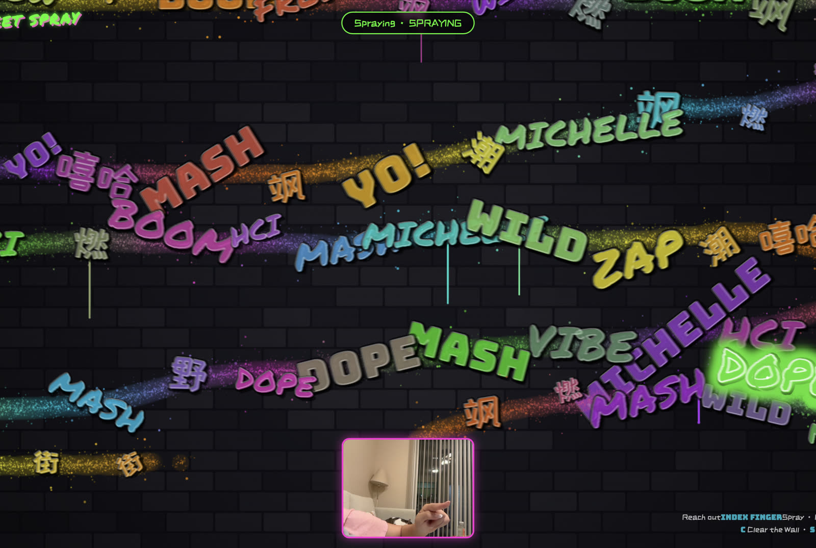 Wide view of the wall mid-session: neon spray trails with MASH, YO!, WILD and MICHELLE, a glowing DOPE popping in on the right